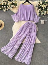 Two-Piece Pleated Flounce Sleeves Top with High Waist Flared Pants MAX SIZE / Plum